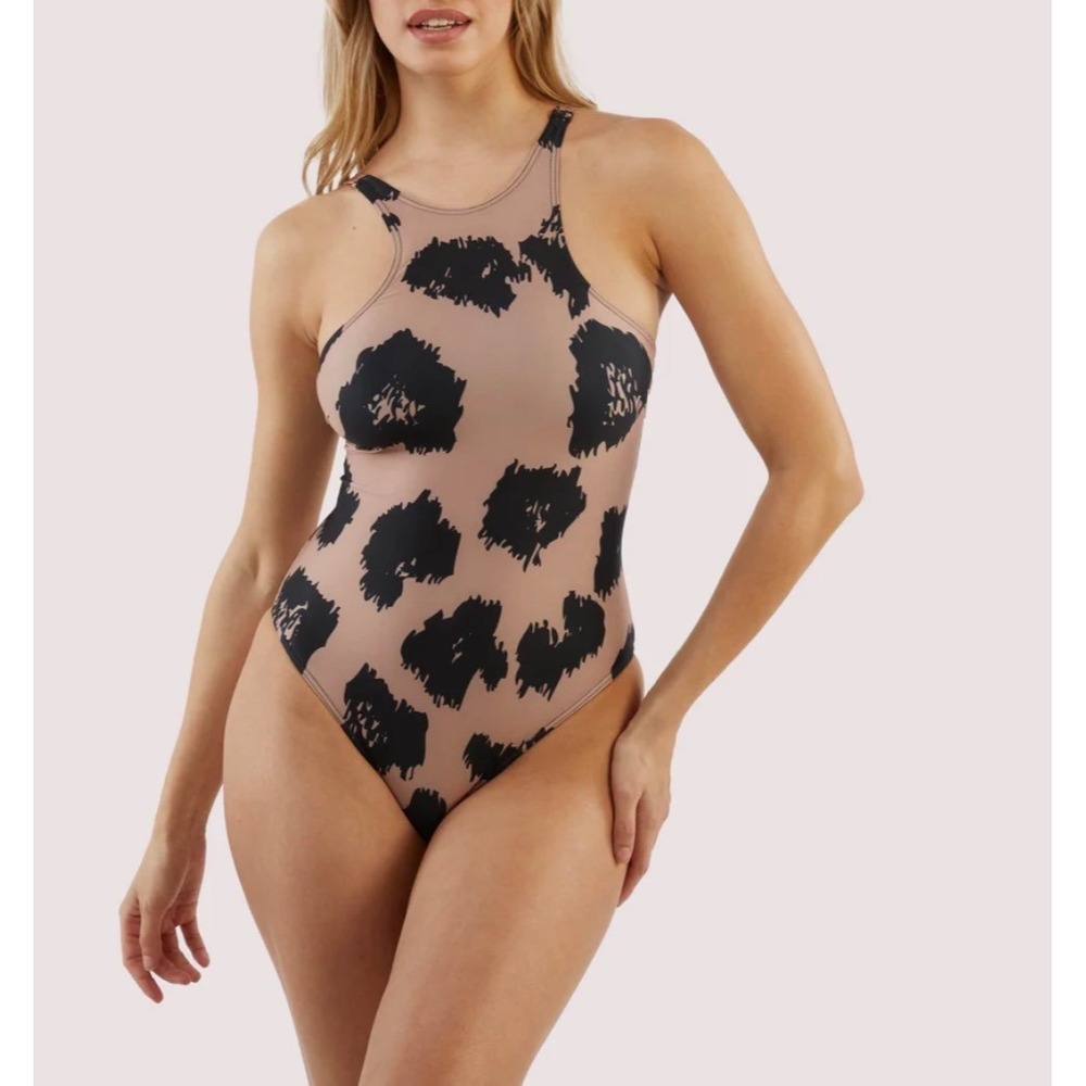Wolf & Whistle Brown Eco Leopard Print Womens US 10 High Neck One Piece Swimsuit